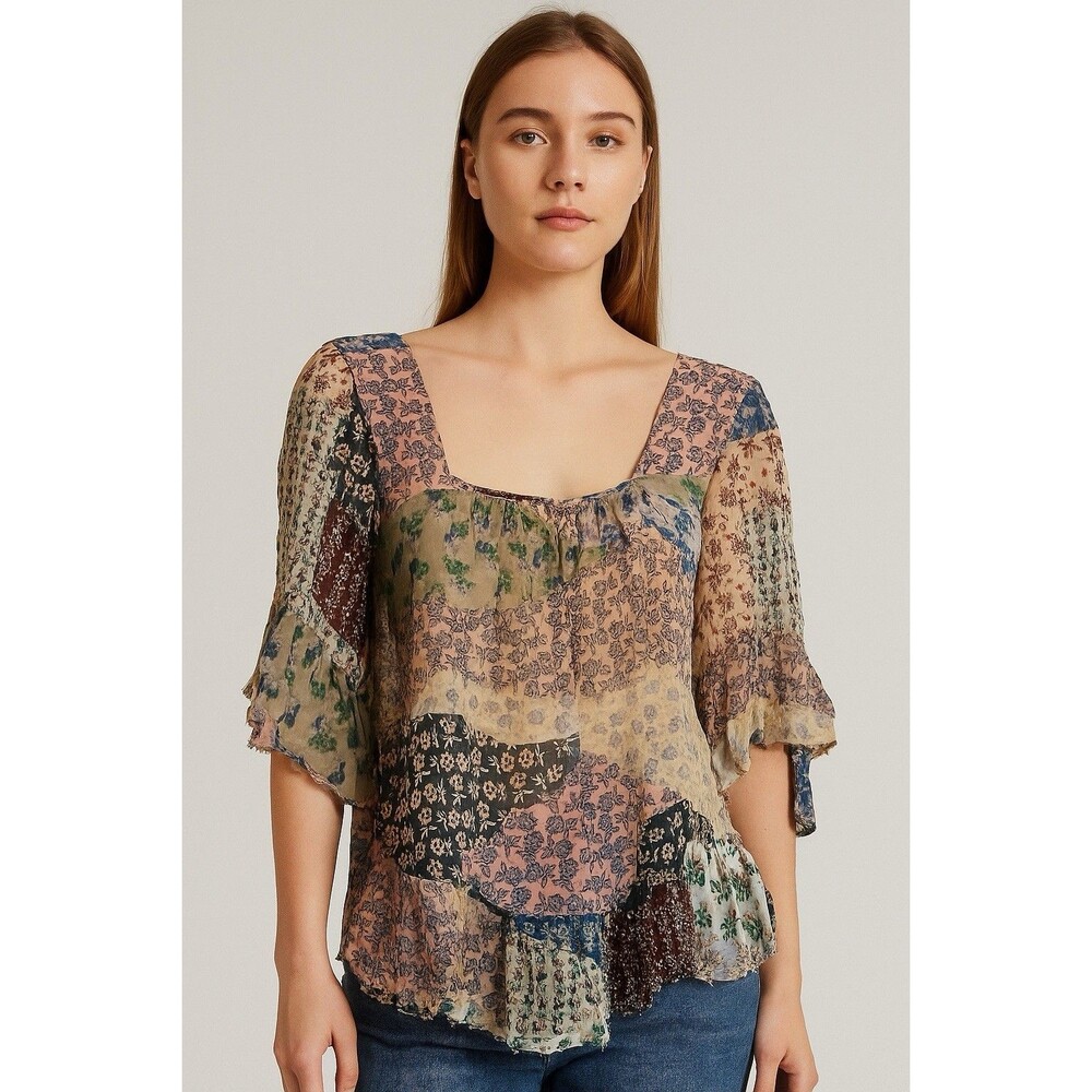 Floreat Anthropologie Boho Top Size XS Beaded Hems Bell Sleeves Floral Pattern